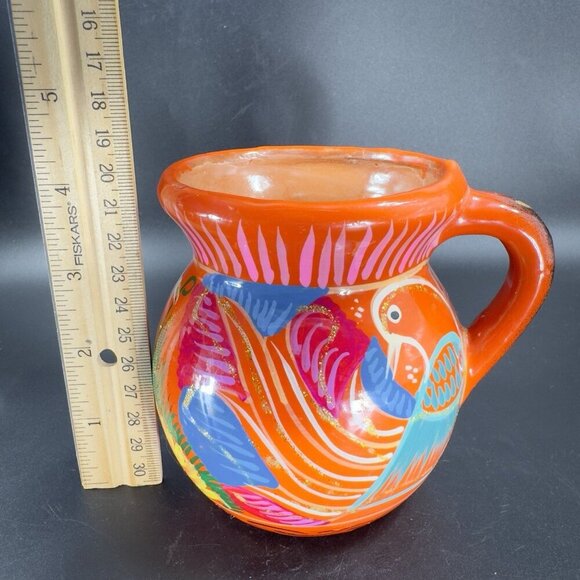 Mexico Tonala Pottery RedWare Coffee Mug Cup Jarrito Hand Painted Birds Vintage - Picture 4 of 13